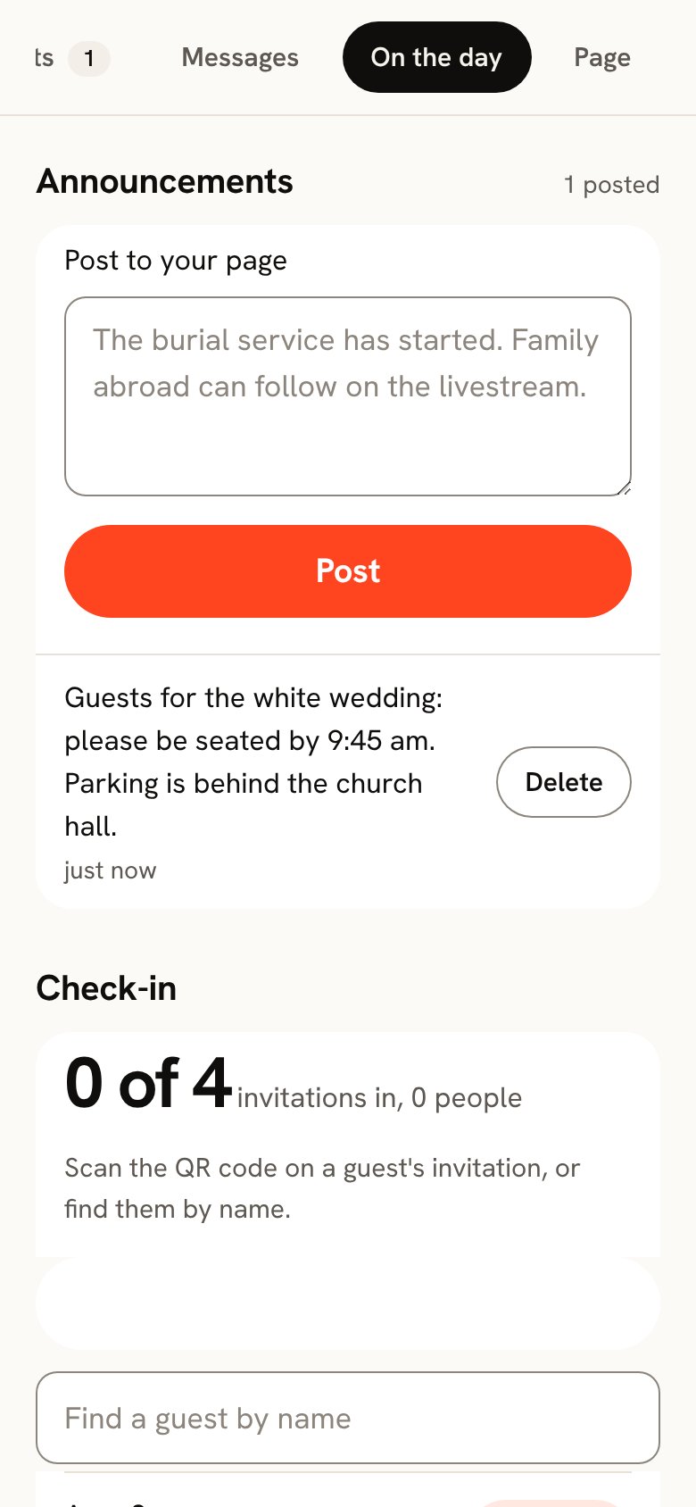 Check-in and announcements